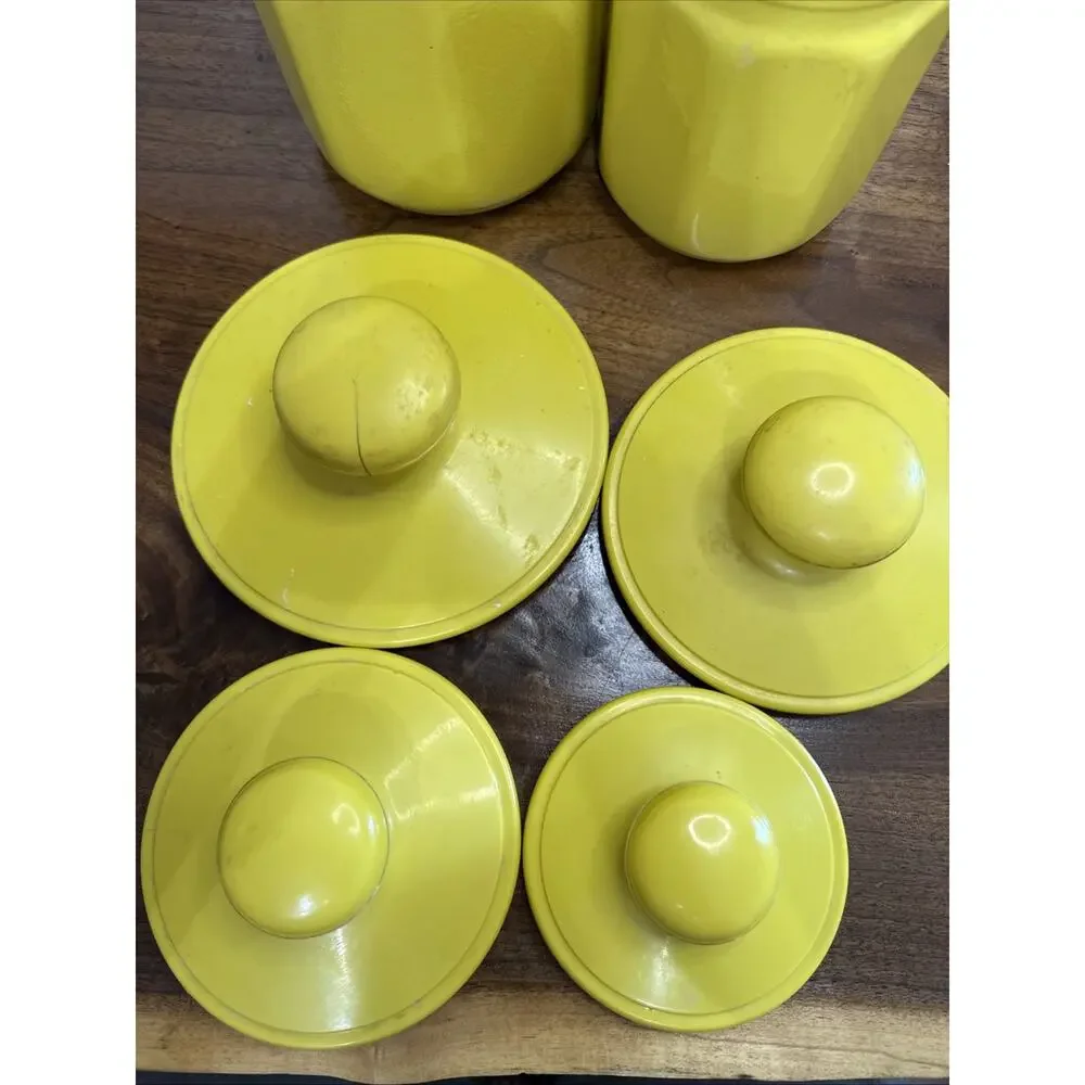 Vintage Kromex Faceted Aluminum 4 Canister Set Yellow Fruit Floral Plastic Lids